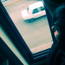 PERSONA MIRANDO POR VENTAN DE CASA FOTO EN NEGATIVO EN VENTANA SE VE UN COCHE BLANCO CIRCULANDO