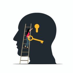 FIGURA EN NEGRO DE CABEZA DE SER HUMANO CON MUJER EN ESCALERA CON UNA LLAVE EN LA MANO PARA ABERIR LA CERRADURA QUE HAY EN LA CABEZA