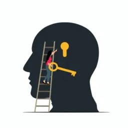 FIGURA EN NEGRO DE CABEZA DE SER HUMANO CON MUJER EN ESCALERA CON UNA LLAVE EN LA MANO PARA ABERIR LA CERRADURA QUE HAY EN LA CABEZA