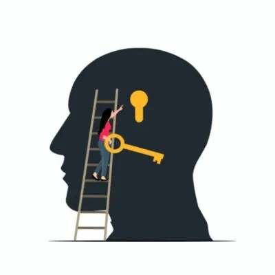 FIGURA EN NEGRO DE CABEZA DE SER HUMANO CON MUJER EN ESCALERA CON UNA LLAVE EN LA MANO PARA ABERIR LA CERRADURA QUE HAY EN LA CABEZA